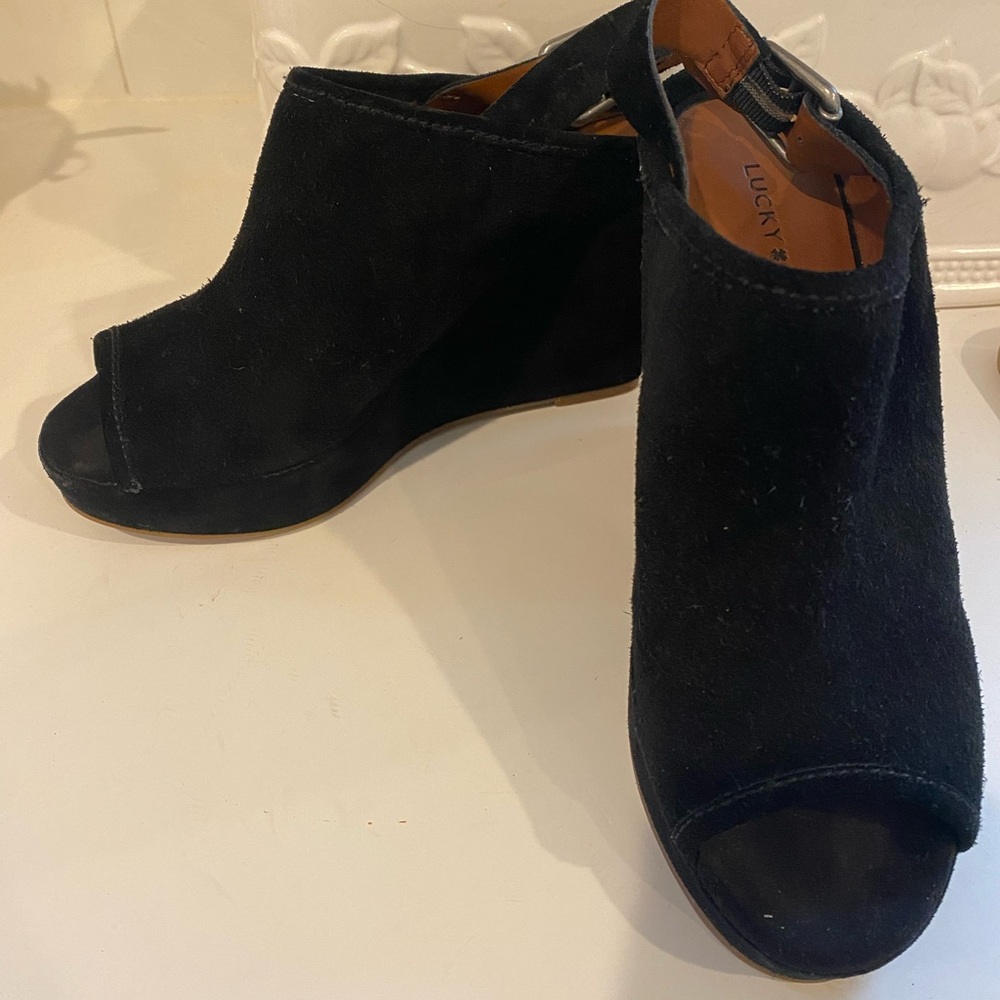 Lucky Brand black suede platform wedge clog.